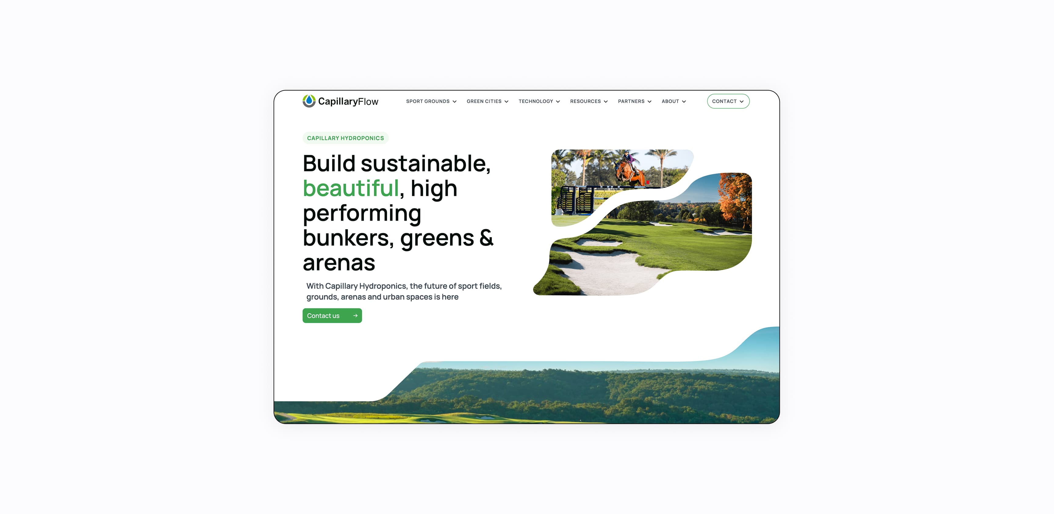 The CapillaryFlow home page, with the headline Build sustainable, beautiful, high performing bunkers, greens and arenas beside photographs of golf greens and bunkers in organic wave shaped frames.